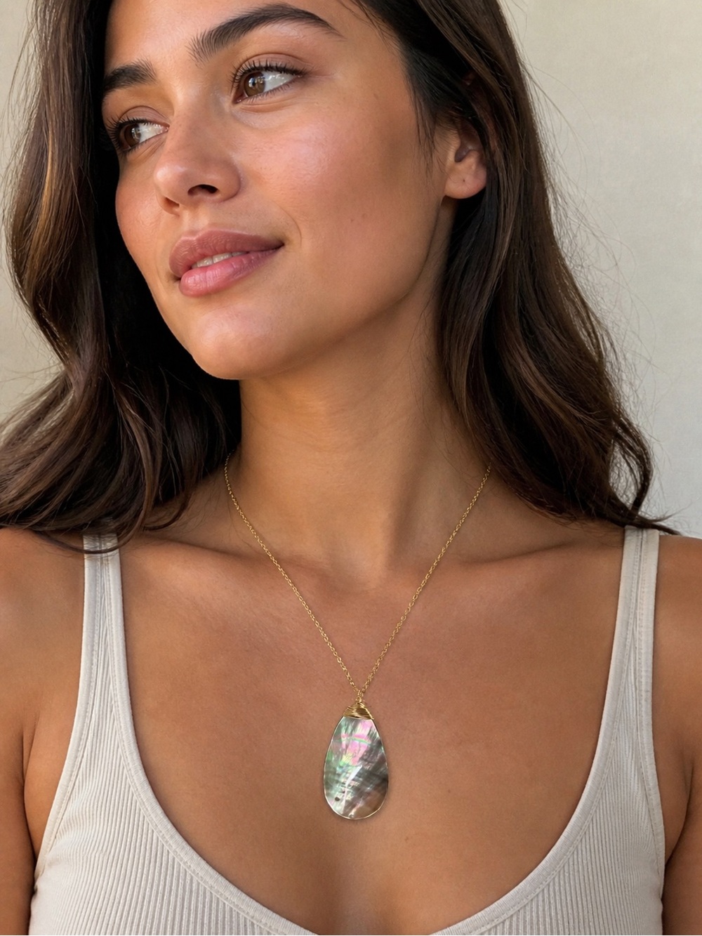 Artisan Gold Wire-Wrapped Iridescent Teardrop Necklace - natural black lip shell